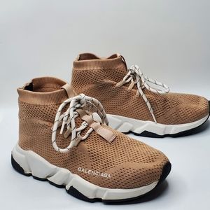 Balenciaga Speed trainer lace up beige knit shoes womens 7.5 by measurement